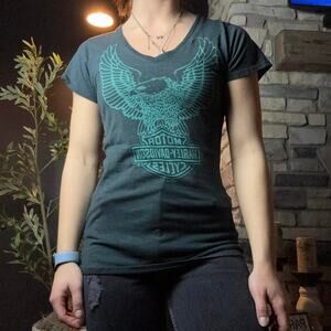 Harley davidson black and blue fitted y2k style tshirt